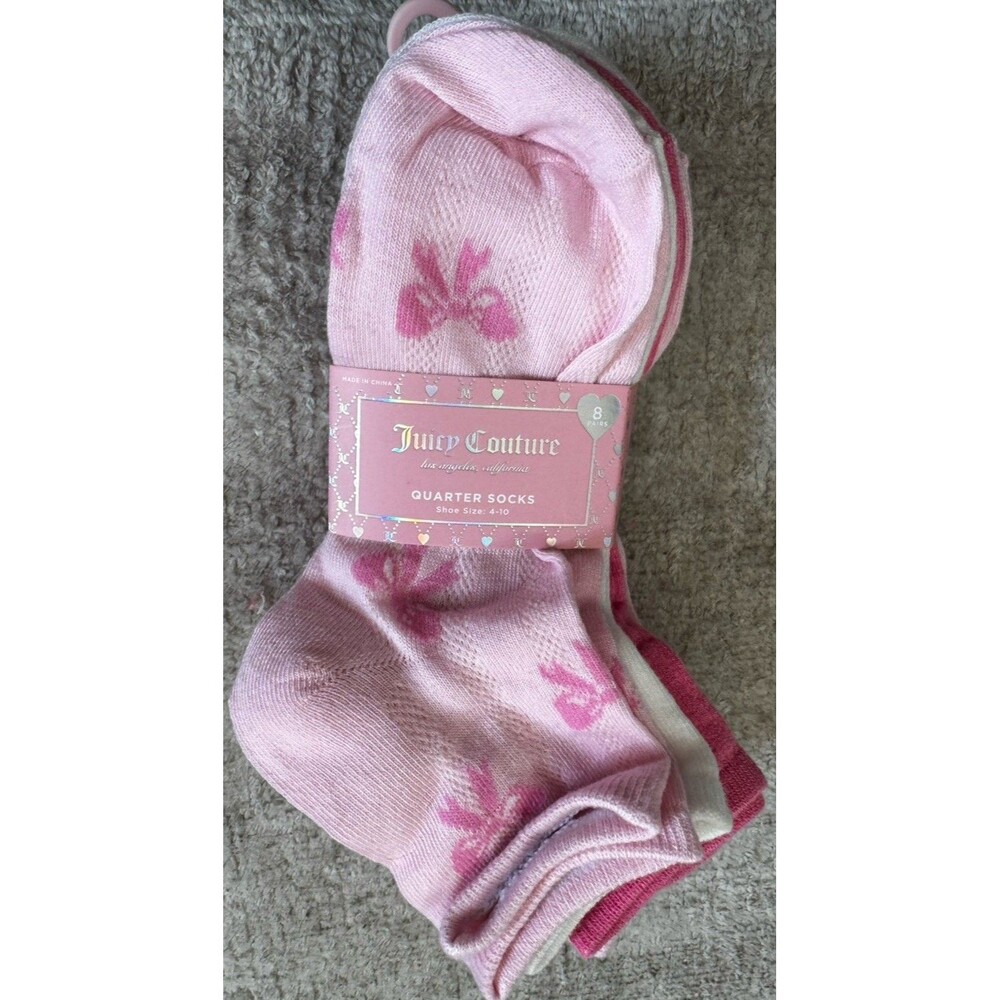 NWT Juicy Couture Pack Of 8 Pairs Of Quarter Socks - Shoe Sz 4-10 - Pink Bows
